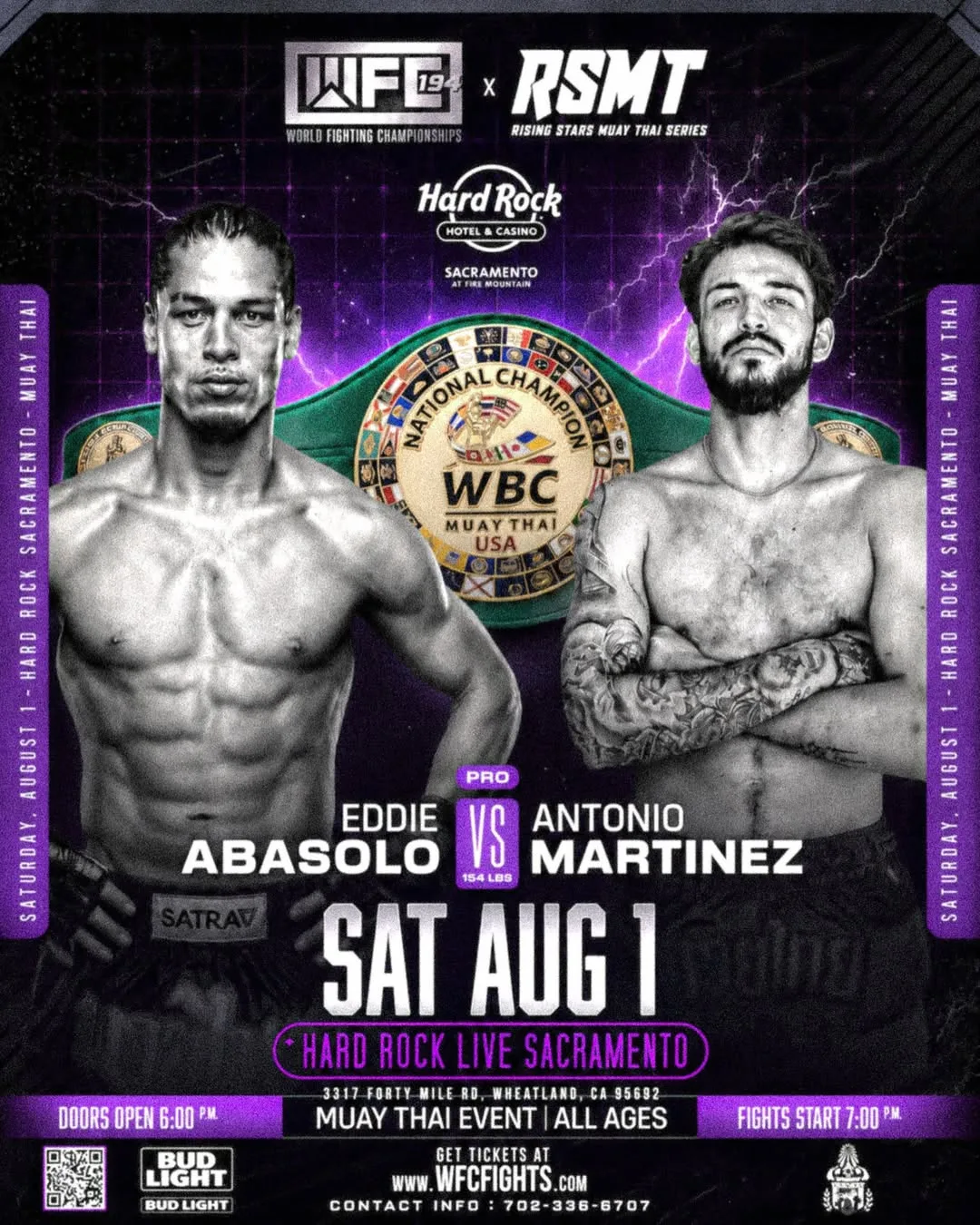 WFC 194 x RSMT — Eddie Abasolo vs. Antonio Martinez for the WBC Muay Thai USA National Championship. Saturday, August 1, 2026 at Hard Rock Live Sacramento, Wheatland, CA. Doors 6 PM, fights 7 PM. All ages.
